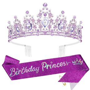 Purple Birthday Sash and Crown Kit Princess Crown Birthday Tiara Birthday Girl Crown with Comb Glitter Birthday Sash for Women Crystal Tiaras for Girls Headband Happy Birthday Decorations Gifts