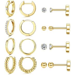 Fansilver 8 Pairs Flatback Stud Earrings for Women 14K Gold Filled stud Earring Sets for Multiple Piercing Hypoallergenic Huggie Hoop Earrings Tiny Ball CZ Flat Back Stud Earrings for Teen