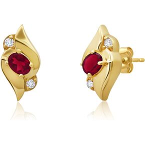 14k Yellow or White Gold Oval Gemstone Stud Earrings for Women with Genuine Diamond Accent Shell and Push Backs with Birthstones by MAX + STONE