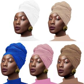 OAOLEER 5Pcs Head Wraps for Black Women Stretch Jersey Turban Soft Breathable Knit Headwraps Fashion Long Head Scarf African Hair Wraps in Kuwait