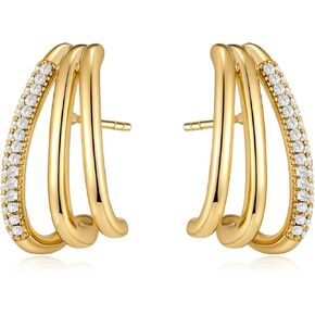 LUCA SMITH Double Triple Hoop Earrings 14K Gold Plated CZ Illusion Split Hoop Earrings for ONE HOLE with S925 Sterling Silver Post in Kuwait