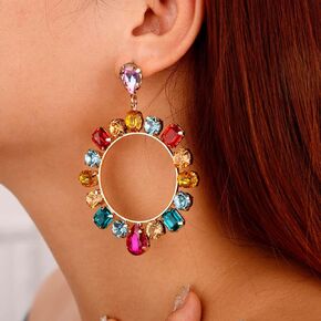 Xerling Colorful Crystal Statement Earrings Multicolor Rhinestone Hoop Earrings for Women Bling Dangle Drop Stud Earrings Boho Circle Hoop Earrings