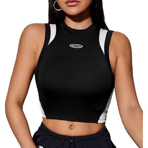 SweatyRocks Women's Letter Graphic Sleeveless Mock Neck Slim Fit Color Block Crop Tank Tops