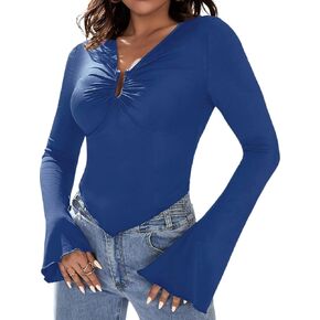 Womens Long Sleeve Crop Top Sexy V Neck Asymmetrical Going Out Tops