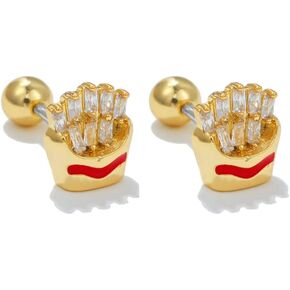 Cute French Fries Cartilage Tiny Stud Earrings for Women Teen Girls Cubic Zirconia Crystal Tragus Screw Back Ball Barbell Studs Piercing Sleeper 20G Post Pin Earring Fashion Jewelry Gifts Christmas