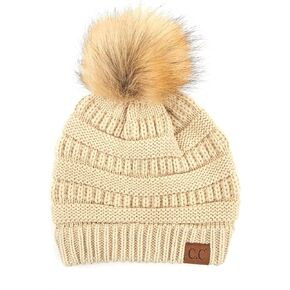 Funky Junque Solid Ribbed Beanie Cable Knit Skull Cap with Faux Fur Pom Pom