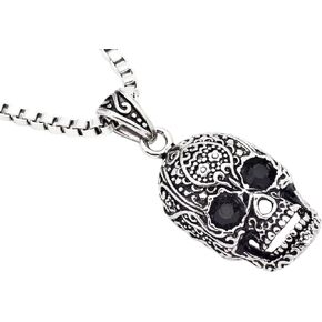 BLACKJACK Men’s Calavera Skull Pendant, 316L Stainless Steel Necklace White/Gold/Black/Blue with a 24" Box Chain, Simple Jewelry Gifts, Large Cz Eyes