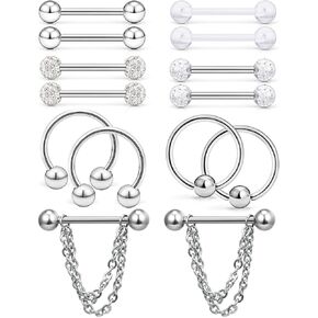 Hoeudjo 14Pcs 14G Surgical Steel Chain Dangle Nipple Rings Barbell Piercing Jewelry Retainer for Women