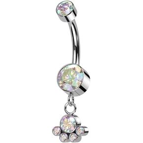 Pierced Owl 14GA F136 Implant Grade Titanium Internally Threaded Double CZ Crystal with Dangling Bezel Set Gem Cluster Belly Button Ring