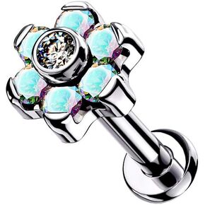 Dynamique Implant Grade Titanium Threadless Push In Labret, Flat Back Studs With CZ Set Flower Top For Cartilage, Monroe And Nose (Sold Per Piece)