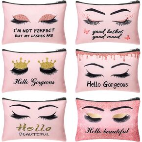 Gerrii 6 Pcs Hello Gorgeous Makeup Bag Pink Eyelash Canvas Cosmetic Bags Purse Small Eyelash Bags Lipstick Travel Pouch Inspirational Gift for Women Toiletries Accessories Organizer
