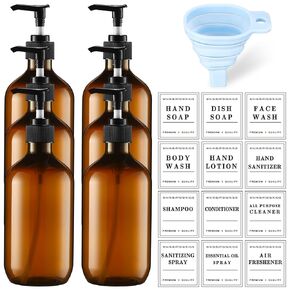 6 Pcs Plastic Shampoo and Conditioner Dispenser Bottles 16.9 oz Shower Bottles with Pump 12 Pcs Labels and 1 Pcs Silicone Funnel Reusable Hand Soap Containers for Bathroom Shower(Amber)