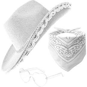 JICASTO Cowboy Hat Pink Cowgirl Hat with Sequins & Tiara Crown for Women Rodeo Party Hats with Heart Glasses