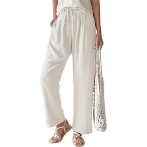 Women Cotton Linen Drawstring Elastic Waist Straight Leg Pants Lightweight Trousers with Pocket