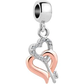 Women Double Love Heart Key Charm Compatible with Pandora Bracelets Pendant Necklaces Rose Gold Heart Dangle Beaded for Girlfriend Wife Mom
