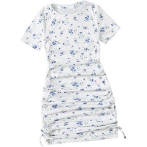SHENHE Girl's Floral Ruched Short Sleeve Crew Neck Tie Side Bodycon Pencil Mini Dress