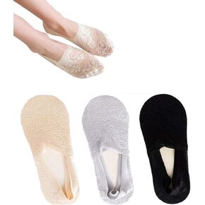 Women's No Show Socks Lace Low Cut Flat Invisible Liner Socks with 360° Heel Grip Non Slip Summer Sock 3/5 Pairs