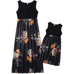 Mommy and Me Dresses Matching Sets Floral Sleeveless Colorblock Maxi Dress Mother Daughter Summer Casual Dress