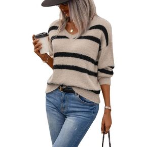GORGLITTER Women's Striped Long Sleeve Sweater V Neck Drop Shoulder Knit Pullover Sweater Tops