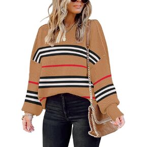 ملابس خريفية للنساء 2023 عصرية مخططة برقبة دائرية ضيقة كبيرة الحجم للشتاء دافئة باكمام طويلة in Kuwait