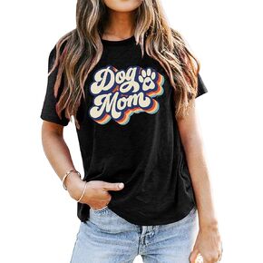 Dog Mom Shirt Women Funny Leopard Print Dog Mama T-Shirt Cute Graphic Tee Dog Lover Letter Print Short Sleeve Tee Tops