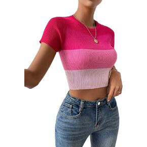 SweatyRocks Women's Colorblock Short Sleeve Tee Shirt Round Neck Ribbed Knit Slim Fit Crop Tops