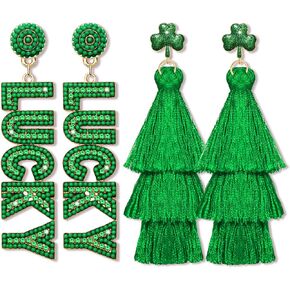 St Patricks Day Earrings for Women, Green Shamrock Earrings Letter Good Luck Irish Earrings Layered Tassel Earrings, St. Patricks Day Accessories Holiday Gifts
