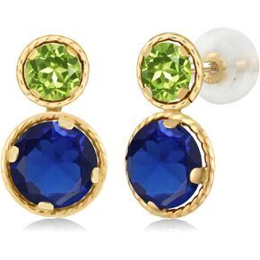 Gem Stone King 14K Yellow Gold Blue Created Sapphire and Green Peridot Earrings For Women (2.60 Cttw, Gemstone September Birthstone, Round Cut 6MM and 4MM)