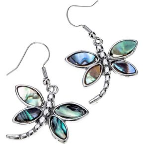 Jewelry Women Lovely Dragonfly Natural Abalone Shell Dangle Earrings (Green)