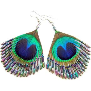Earrings for Women, Iridescent Peacock Feather Hand Beaded Rainbow Beads Dangle Drop Earrings Handmade Jewelry FA014