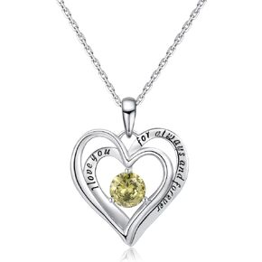 Qings Double Heart Birthstone Pendant Necklace - 925 Sterling Silver Dainty Love You Forever Round Gemstone Cubic Zirconia 18" Platinum Plated Adjustable Chain Necklaces Jewelry Gifts for Girls Wife