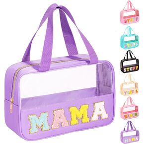 Chenille Letter Patch Clear Makeup Bag, Preppy PVC&Nylon Makeup Bag with Handle and Zipper, Waterproof Large Clear Travel Toiletry Bag Storage Bag for Women (Vibrant Rosered-STUFF)