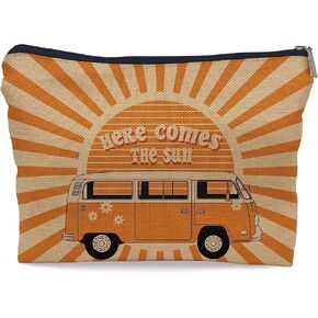 Ayxvt Here Comes the Sun Retro 70s Hippie Orange Bus Sunshine Ray Cosmetic Bag Decorative Women's Makeup Bag Zipper Pouch Travel Toiletry,Birthday Gifts for Teen Girls