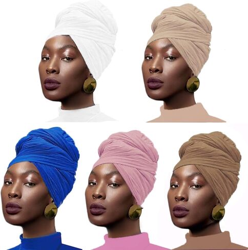 OAOLEER 5Pcs Head Wraps for Black Women Stretch Jersey Turban Soft Breathable Knit Headwraps Fashion Long Head Scarf African Hair Wraps in Kuwait