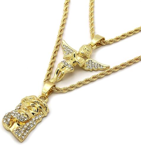 طقم سلاسل حبل للرجال بلون ذهبي من قطعتين بتصميم يسوع وملاك مقاس 2 ملم و30 انش و24 انش 02 in Kuwait