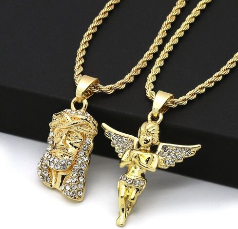 طقم سلاسل حبل للرجال بلون ذهبي من قطعتين بتصميم يسوع وملاك مقاس 2 ملم و30 انش و24 انش 02 in Kuwait