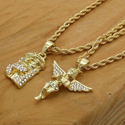 طقم سلاسل حبل للرجال بلون ذهبي من قطعتين بتصميم يسوع وملاك مقاس 2 ملم و30 انش و24 انش 02 in Kuwait