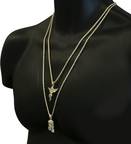 طقم سلاسل حبل للرجال بلون ذهبي من قطعتين بتصميم يسوع وملاك مقاس 2 ملم و30 انش و24 انش 02 in Kuwait