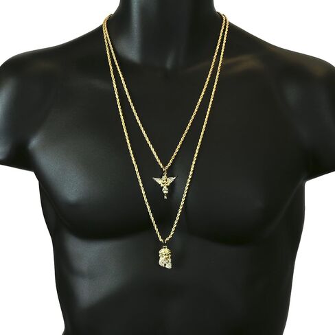 طقم سلاسل حبل للرجال بلون ذهبي من قطعتين بتصميم يسوع وملاك مقاس 2 ملم و30 انش و24 انش 02 in Kuwait