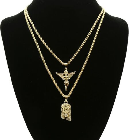 طقم سلاسل حبل للرجال بلون ذهبي من قطعتين بتصميم يسوع وملاك مقاس 2 ملم و30 انش و24 انش 02 in Kuwait