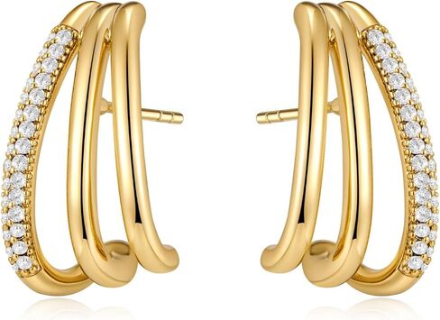 LUCA SMITH Double Triple Hoop Earrings 14K Gold Plated CZ Illusion Split Hoop Earrings for ONE HOLE with S925 Sterling Silver Post in Kuwait