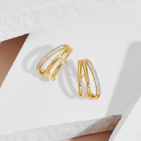LUCA SMITH Double Triple Hoop Earrings 14K Gold Plated CZ Illusion Split Hoop Earrings for ONE HOLE with S925 Sterling Silver Post in Kuwait