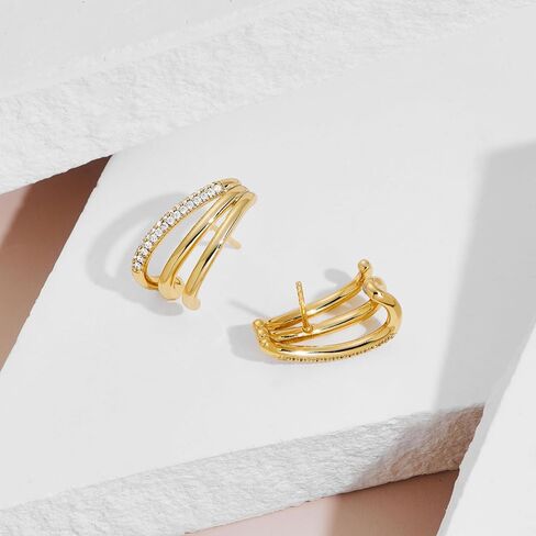 LUCA SMITH Double Triple Hoop Earrings 14K Gold Plated CZ Illusion Split Hoop Earrings for ONE HOLE with S925 Sterling Silver Post in Kuwait