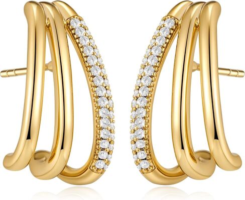 LUCA SMITH Double Triple Hoop Earrings 14K Gold Plated CZ Illusion Split Hoop Earrings for ONE HOLE with S925 Sterling Silver Post in Kuwait