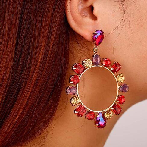 Xerling Colorful Crystal Statement Earrings Multicolor Rhinestone Hoop Earrings for Women Bling Dangle Drop Stud Earrings Boho Circle Hoop Earrings in Saudi Arabia