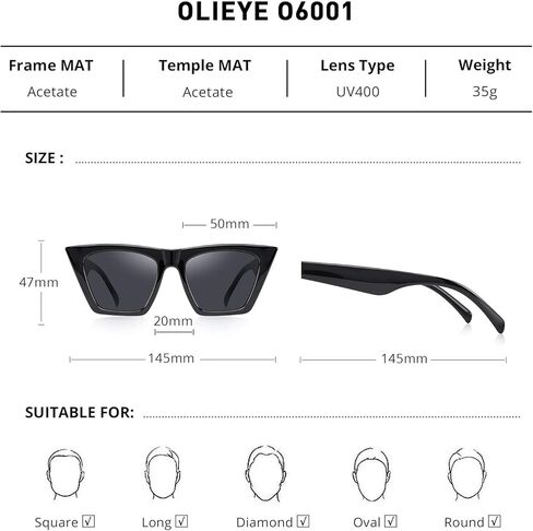 نظارات شمسية OLIEYE كلاسيكية مربعة الشكل على شكل عين القطة للنساء، نظارات شمسية صغيرة على الموضة in Kuwait