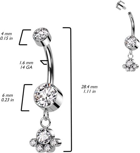 Pierced Owl 14GA F136 Implant Grade Titanium Internally Threaded Double CZ Crystal with Dangling Bezel Set Gem Cluster Belly Button Ring in Saudi Arabia