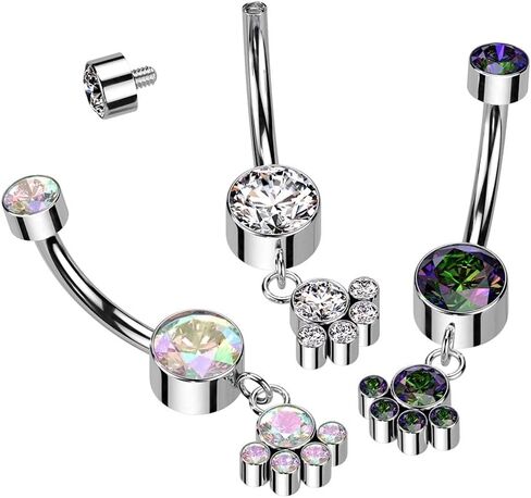 Pierced Owl 14GA F136 Implant Grade Titanium Internally Threaded Double CZ Crystal with Dangling Bezel Set Gem Cluster Belly Button Ring in Saudi Arabia