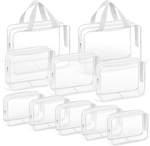10 PCS Clear Travel Makeup Toiletry Bag, Plastic PVC Cosmetic TSA Approved Organizer Kit with Zipper Handbag（Black） in Saudi Arabia