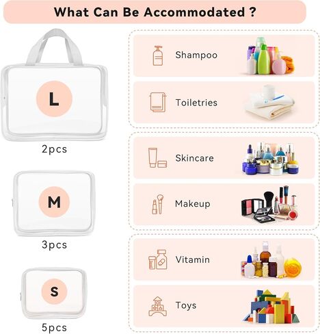 10 PCS Clear Travel Makeup Toiletry Bag, Plastic PVC Cosmetic TSA Approved Organizer Kit with Zipper Handbag（Black） in Saudi Arabia